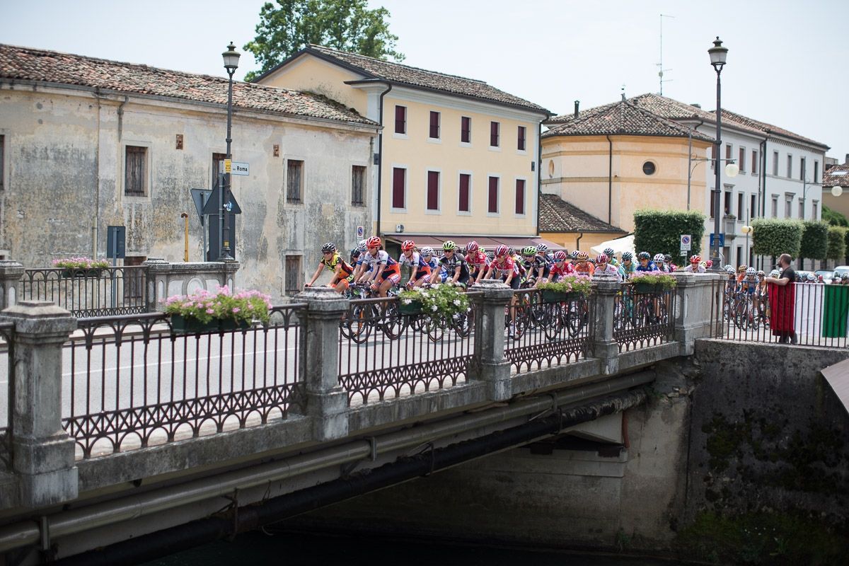 The peloton crosses a small bridge during the Giro Rosa 2016 - Stage 1.