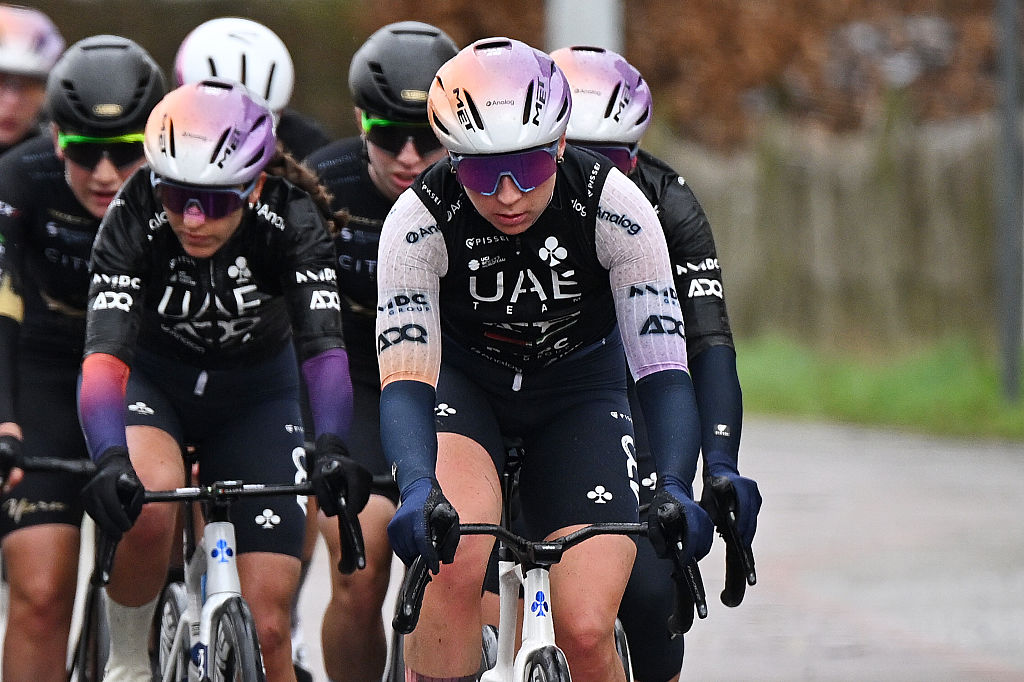 NIVONE, BELGIUM - FEBRUARY 28: Megan Jastrab of United States and UAE Team ADQ competes during the 21st Omloop Het Nieuwsblad 2026, Women's Elite a 137.2km one day race from Ghent to Ninove / #UCIWWT / on February 28, 2026 in Ninove, Belgium. (Photo by Luc Claessen/Getty Images)