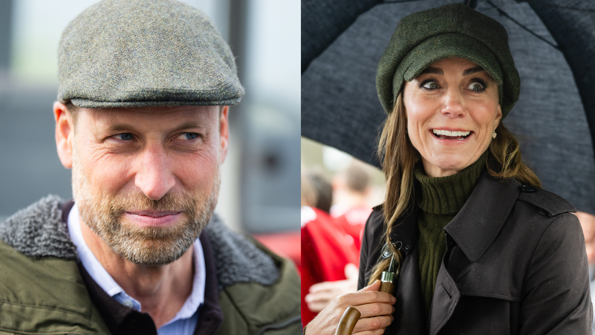 A split of Prince William in a flat cap and green jacket smiling and Princess Kate grimacing while holding an umbrella