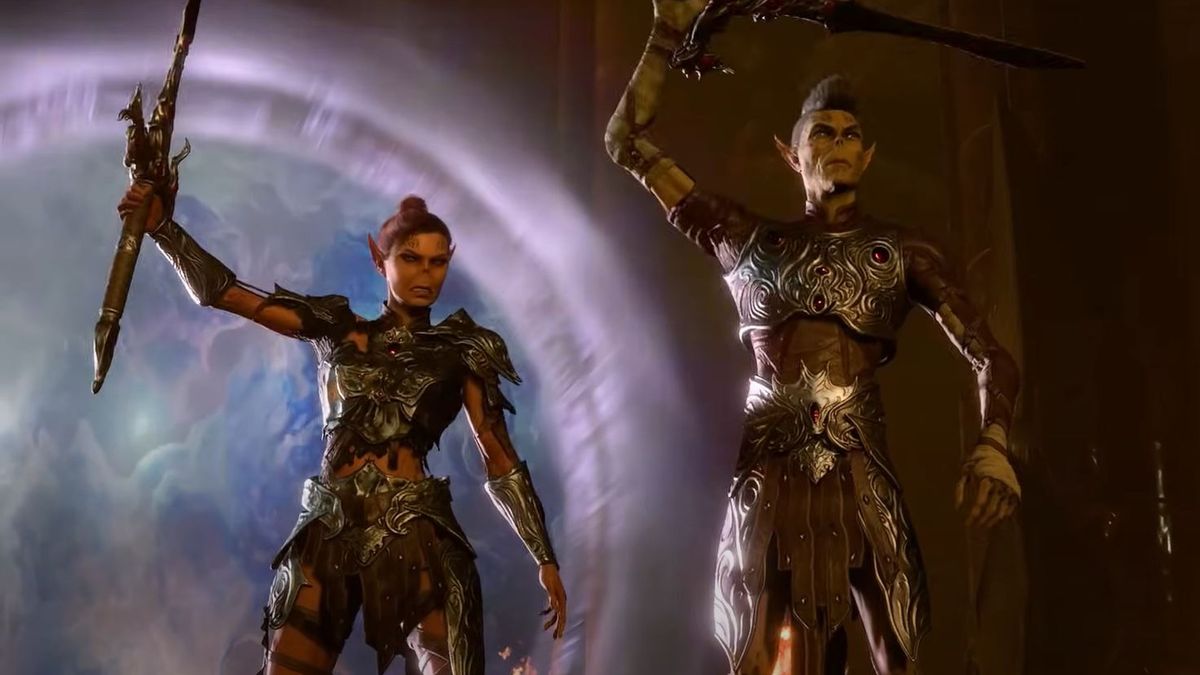 Baldur&#039;s gate 3 ending showing Orpheus and other githyanki wielding swords as they exit a portal and ambush Queen Vlaakith