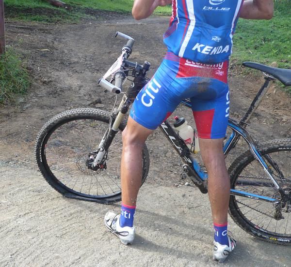 Luis Mejia Sanchez is sidelined briefly by a flat.