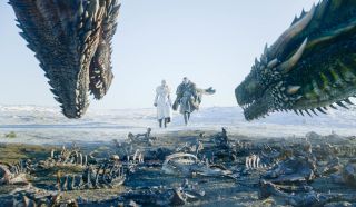 Jon Snow, Daenerys Targareyen and two dragons in the Game of Thrones Season 8 Finale