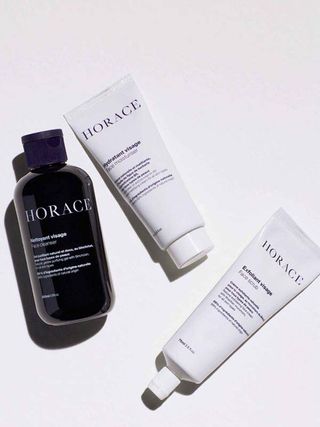 Horace face skincare men’s grooming products in blue and white packaging