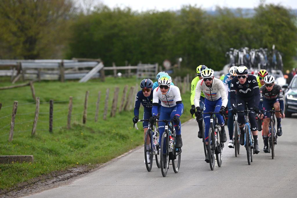 LIEGE BELGIUM APRIL 24 LR Remy Rochas of France and Team Groupama FDJ Fabien Doubey of France Paul Ourselin of France and Team TotalEnergies and Ivan Romeo of Spain and Movistar Team compete in the breakaway during the 110th Liege Bastogne Liege 2024 Mens Elite a 2545km one day race from Liege to UCIWT on April 24 2024 in Liege Belgium Photo by Dario BelingheriGetty Images