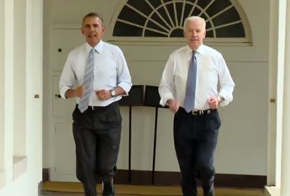 Watch Obama and Biden jog around the West Wing to a disco beat