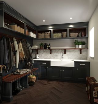 utility room with dark finish, large sink and coat hooks by mark wilkinson furniture