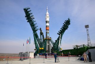 A Russian Soyuz 2.1a rocket carrying the Soyuz MS-16 spacecraft stands atop the launchpad at Baikonur Cosmodrome, Kazakhstan to launch three new crewmembers to the International Space Station on April 9, 2020. A Russian official who attended the launch has recently tested positive for the novel coronavirus. 