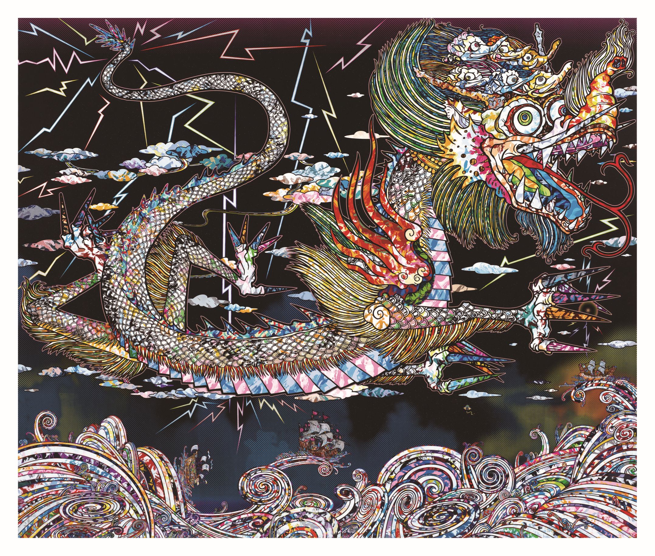 Blue Dragon Kyoto, 2023–2024. Takashi Murakami. Acrylic on canvas mounted on aluminum frame; 4750 x 5650 mm. ©️ 2023–2024 Takashi Murakami/Kaikai Kiki Co., Ltd. All Rights Reserved