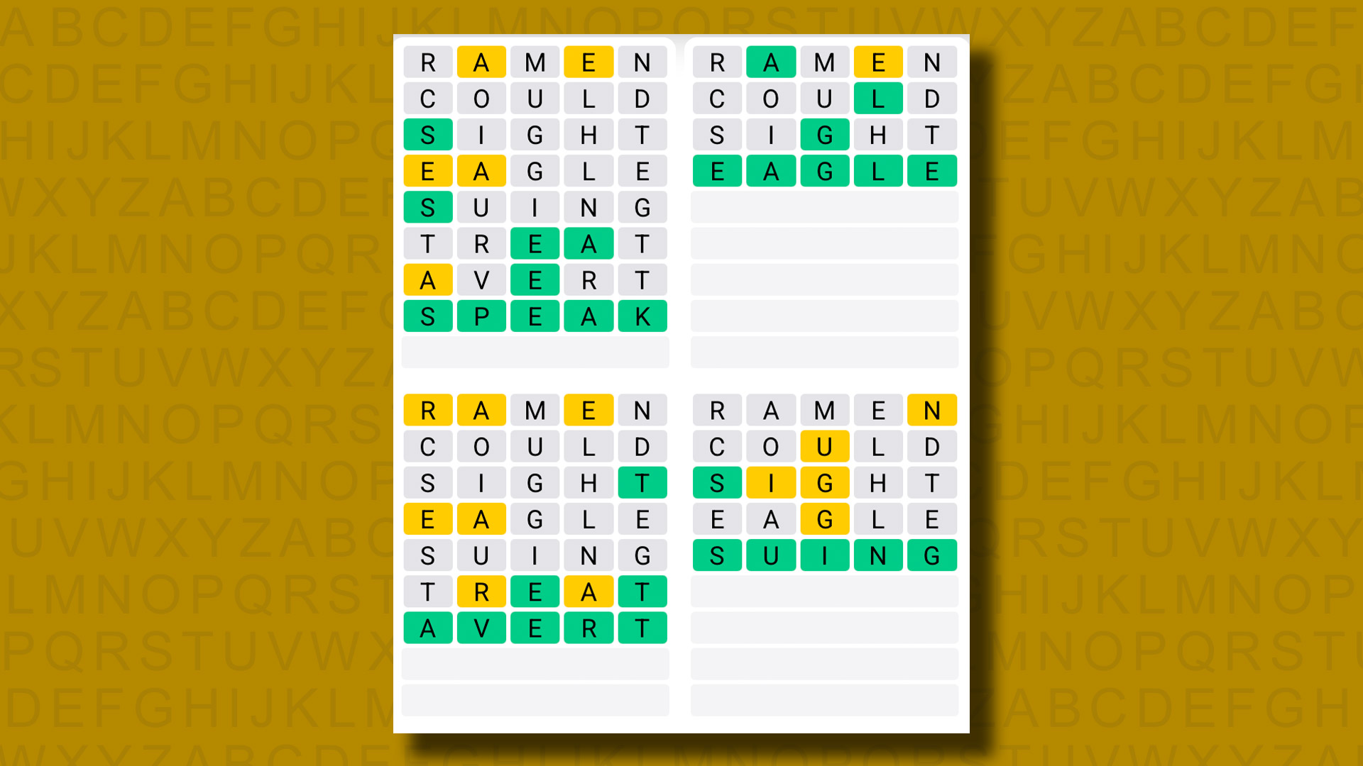 Quordle answers for game 1250 on a yellow background