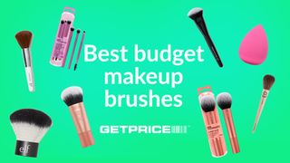 light green background with white writing that says Best budget makeup brushes with different brush products around it