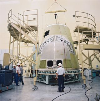 The crew module initial build continues in Bldg 290 high bay at the Rockwell Downey facility on July 18, 1986.