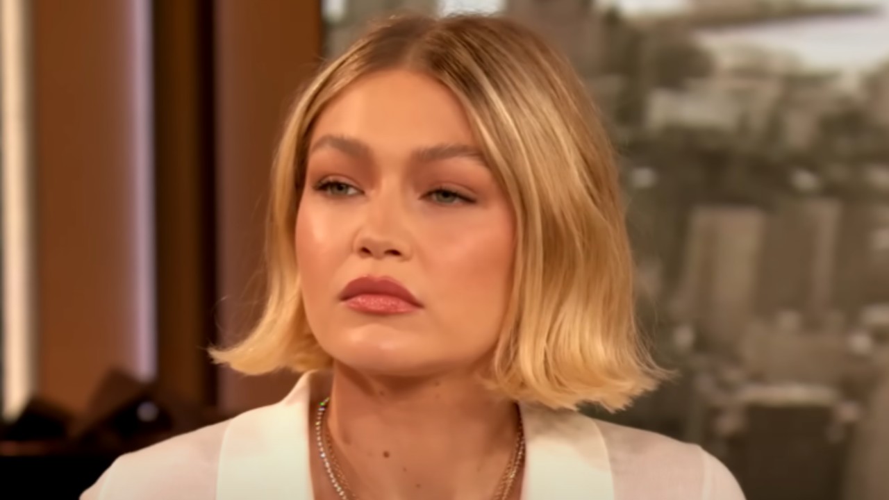 Gigi Hadid looking serious on The Drew Barrymore show.