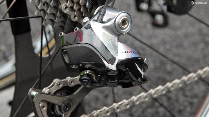 Whereas it's fairly rare to see scraped-up mechanical derailleurs on riders' bikes, it isn't entirely uncommon to see electronic ones with battle scars since they're so expensive to replace