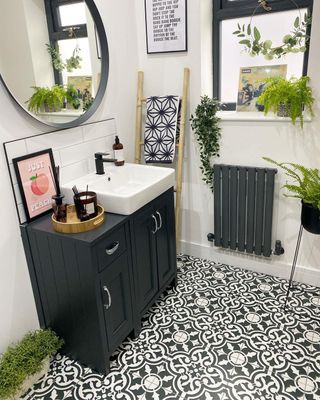 A bathroom with black sink, mirror, and radiator, plus plants