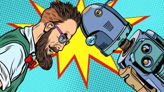 Retro illustration of a man and robot butting heads