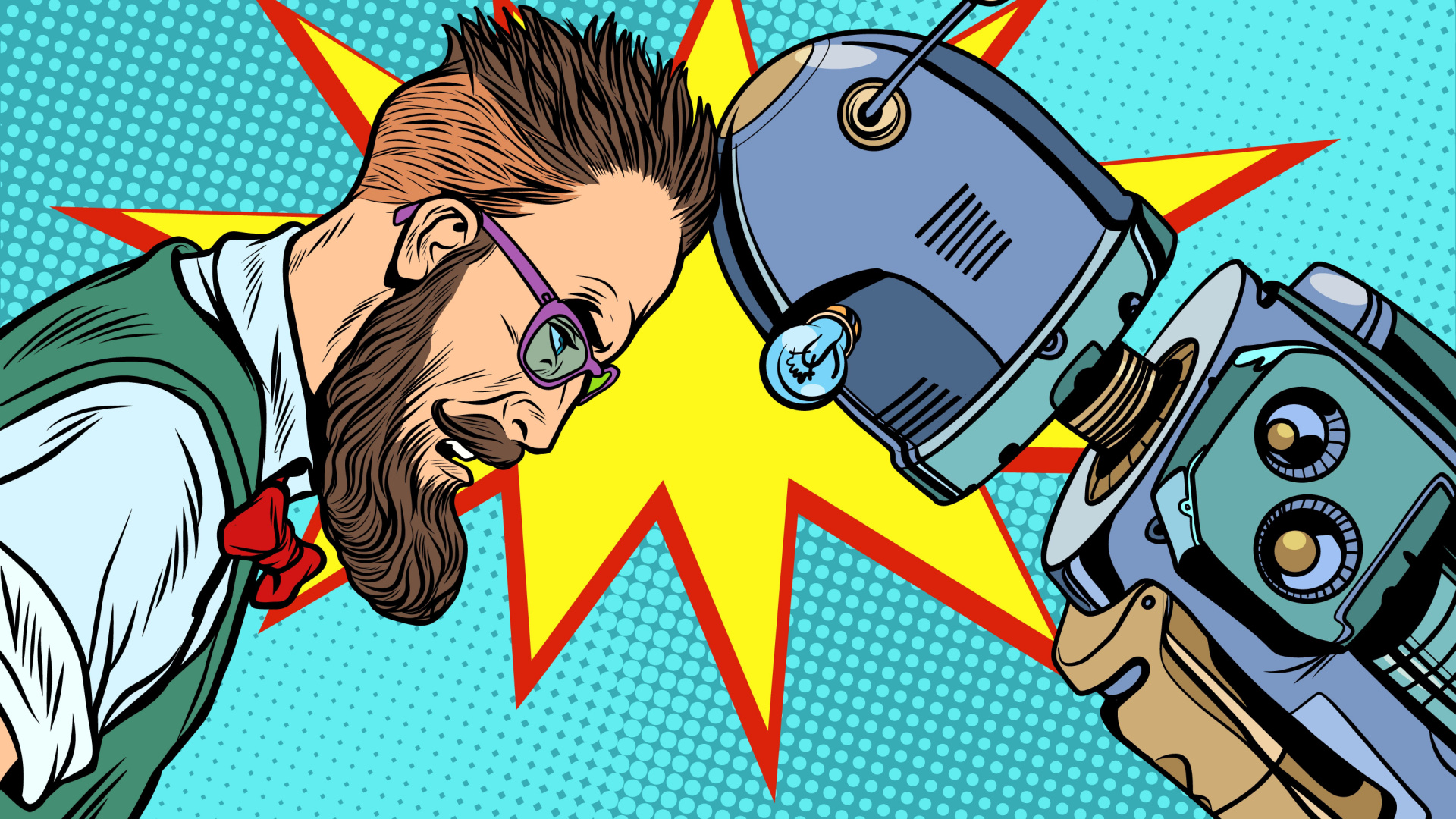 Retro illustration of a man and robot butting heads