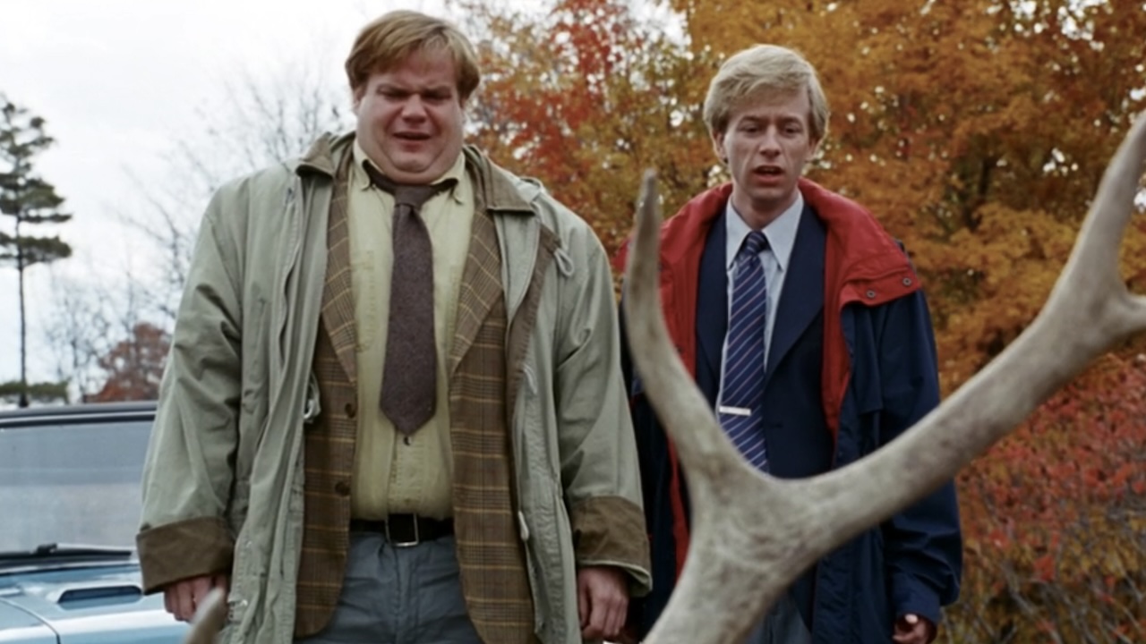 Tommy and Richard looking down at the deer in Tommy Boy.