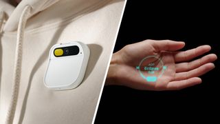 The Human AI Pin on a hoodie and a hand showing its laser projector