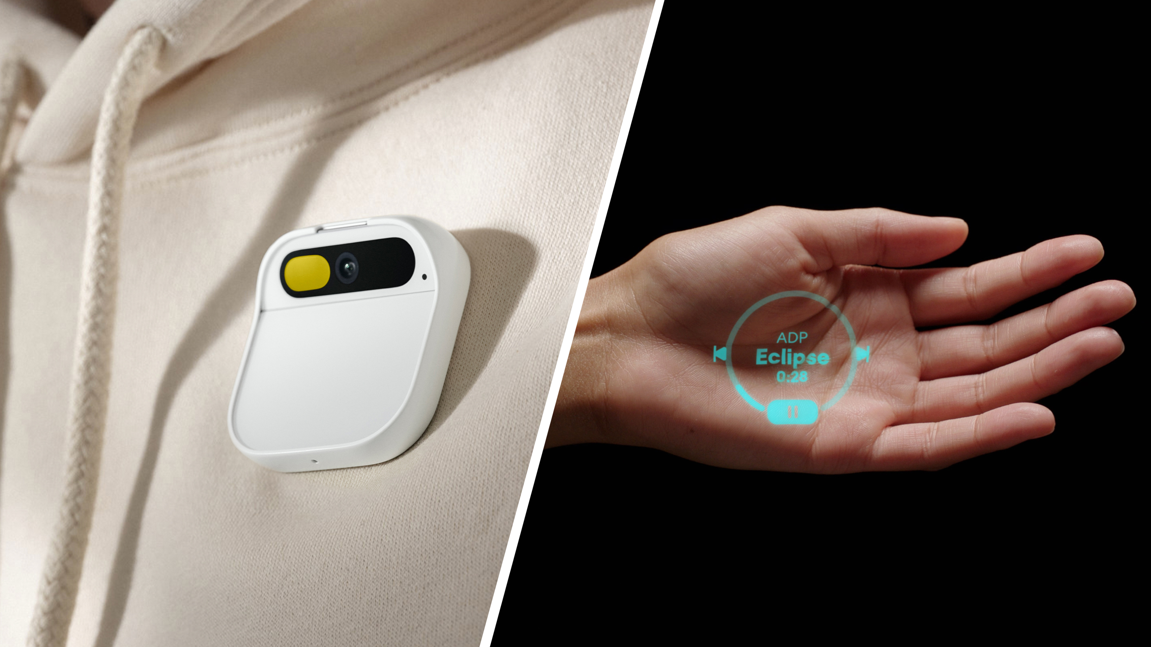 The Human AI Pin con una sudadera con capucha y una mano mostrando su proyector láser