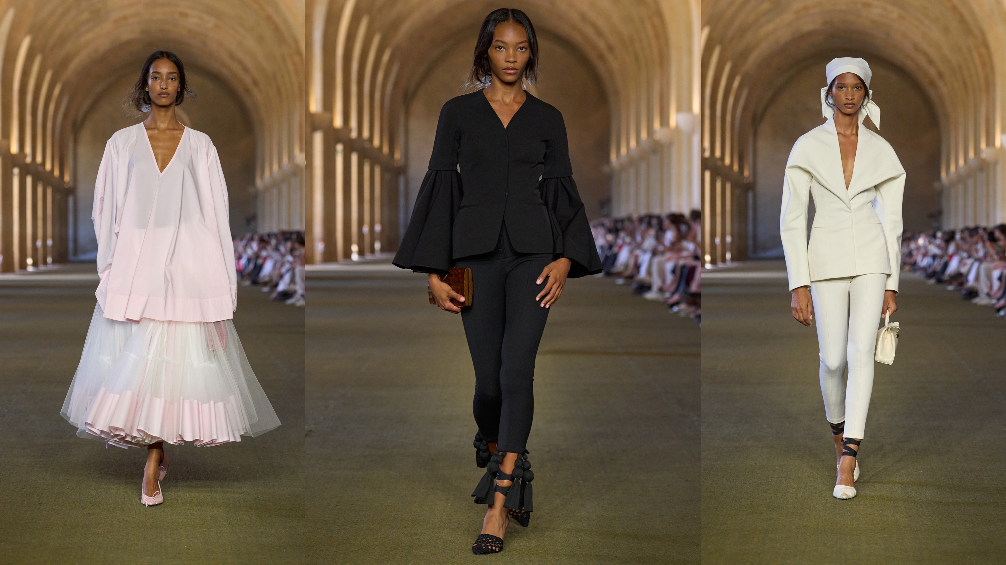 A collage of women walking the jacquemus s/s 26 show.