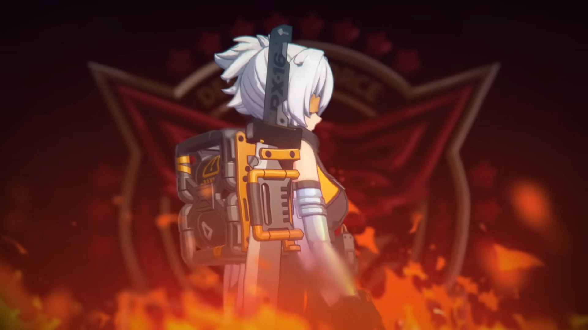 Zenless Zone Zero - Seorang wanita berambut putih dengan kacamata oranye, ransel mekanik dan pedang berdiri dalam nyala api.