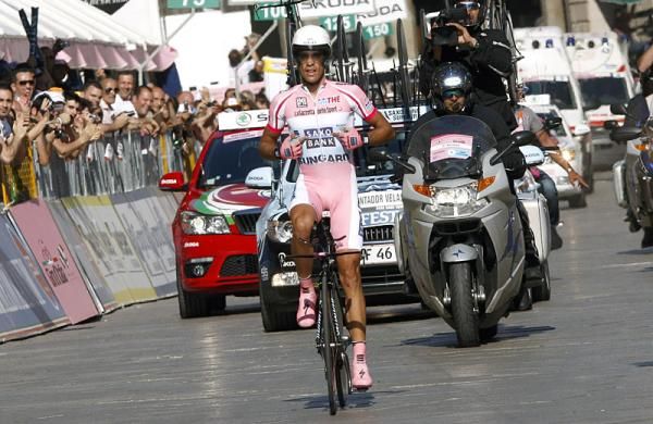 Alberto Contador rolls across the finish line of the final day's time trial the Giro champion.
