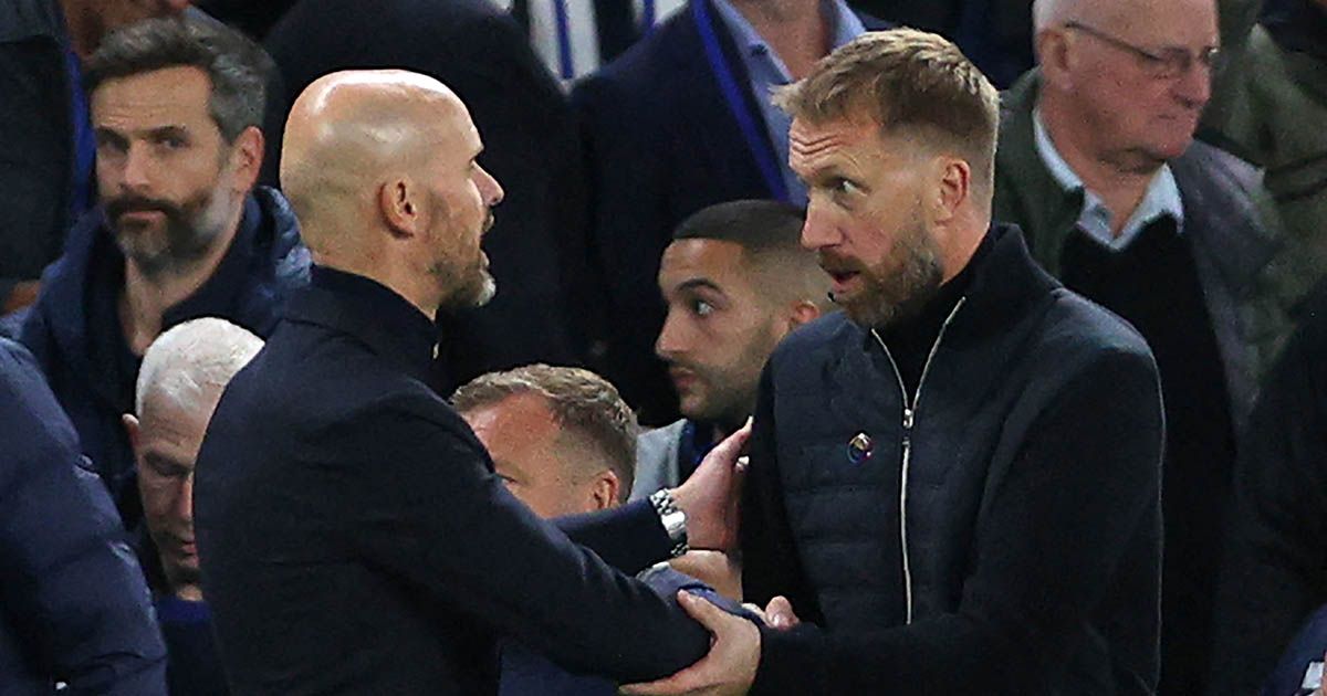 Chelsea head coach Graham Potter and Manchester United manager Erik ten Hag shake hands after the English Premier League football match between Chelsea and Manchester United at Stamford Bridge in London on October 22, 2022.