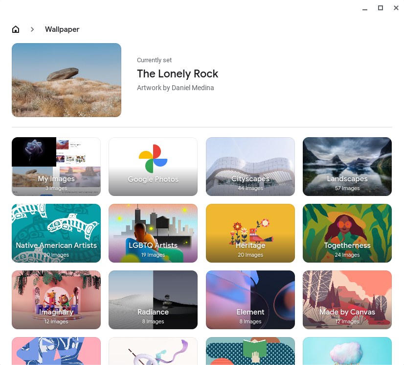 Wallpaper albums in Personalization Hub on Chromebooks