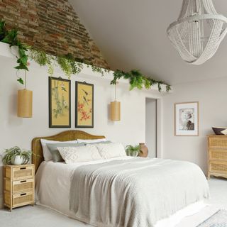 a large main bedroom with a double height ceiling decorated in a neutral scheme with an exposed brick wall and plenty of houseplants