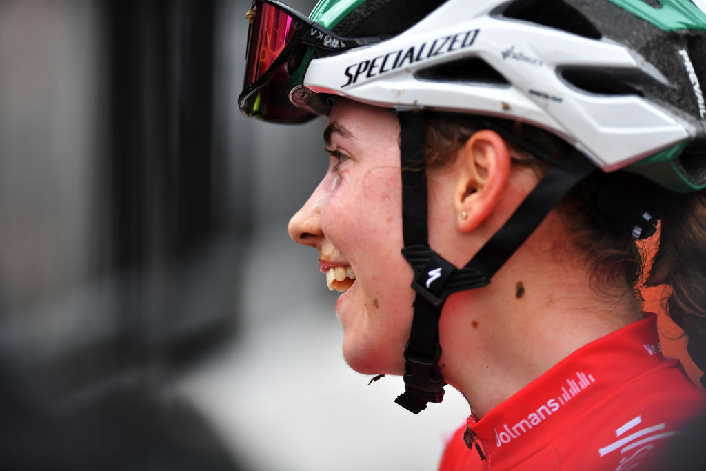 OVERIJSE BELGIUM OCTOBER 31 Blanka Vas Kata of Hungary Team SD Worx celebrates at finish line as race winner during the 62nd Druivencross Overijse UCI CycloCross Worldcup 2021 Womens Elite DruivencrossOverijse CXWorldCup UCIcyclocrossWC on October 31 2021 in Overijse Belgium Photo by Luc ClaessenGetty Images