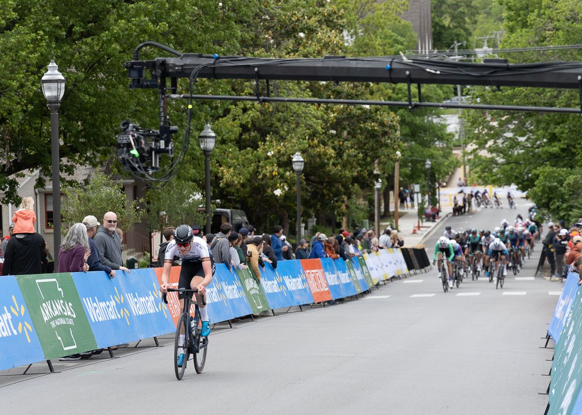 Torbjorn Andre Roed (Yoeleo Test Team P/B 4Mind Project) attacked the field on the climb leading up to the finish, under the livestream camera boom.