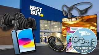 Collage of tech items on sale shown in front of a Best Buy storefront