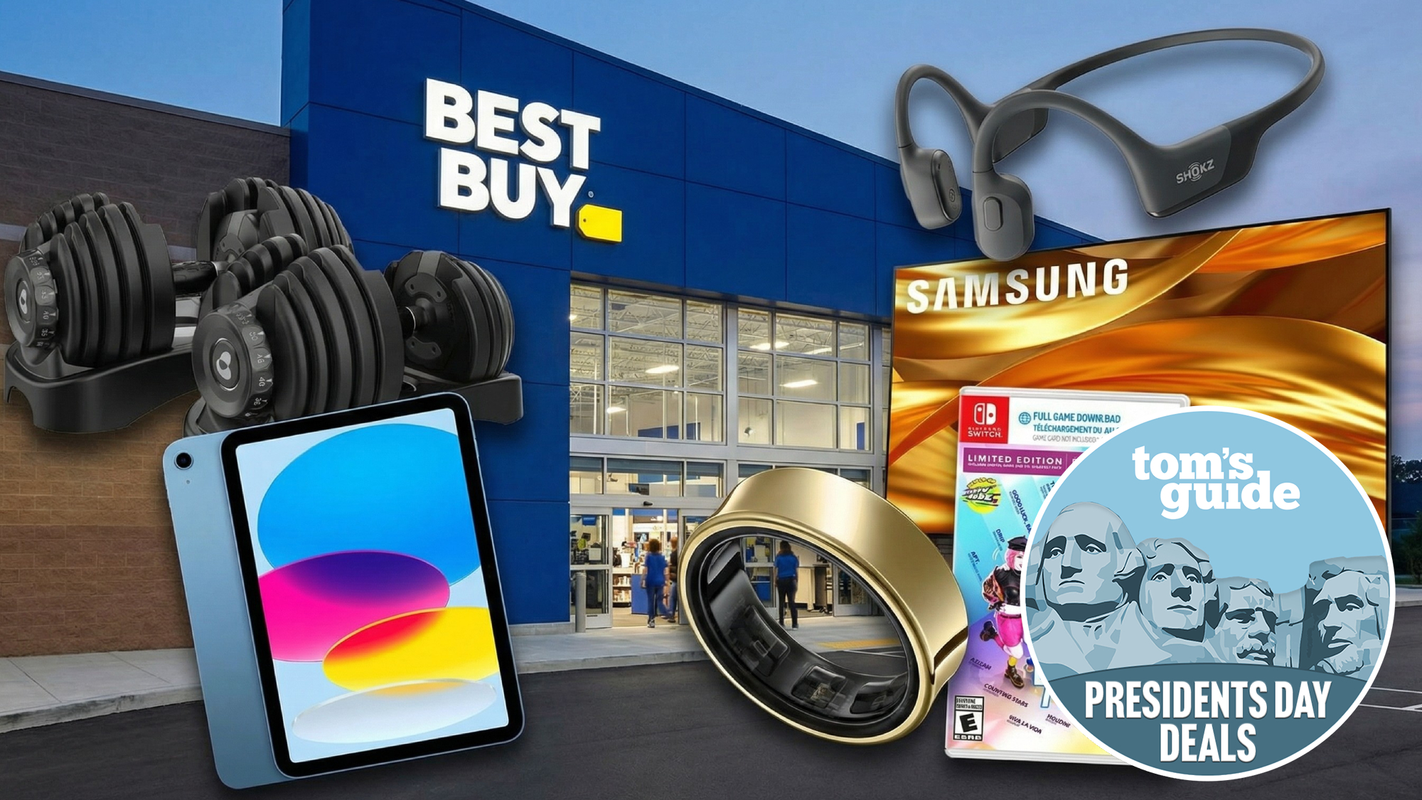 Collage of tech items on sale shown in front of a Best Buy storefront