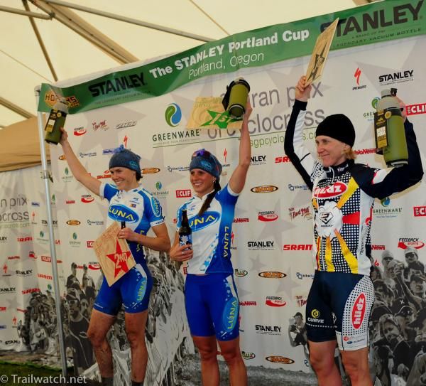 Women's podium (L to R) Georgia Gould (Luna) 2nd, Katerina Nash (Luna) 1st, Sue Butler (Hudz-Subaru) 3rd