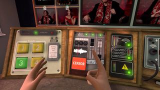 An image of Not For Broadcast VR, showing the player's disembodied hand hovering over a bright red censor button.