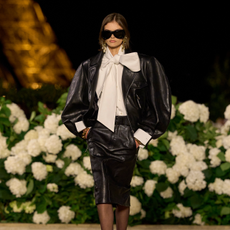 Saint Laurent Spring/Summer 26 black skirt white shirt black leather jacket