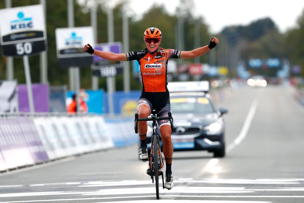 OUDENAARDE BELGIUM OCTOBER 18 Arrival Chantal Van Den Broek Blaak of The Netherlands and Boels Dolmans Cycling Team Celebration during the 17th Tour of Flanders 2020 Ronde van Vlaanderen Women Elite a 1356km stage from Oudenaarde to Oudenaarde RVV20 FlandersClassic on October 18 2020 in Oudenaarde Belgium Photo by Bas CzerwinskiGetty Images