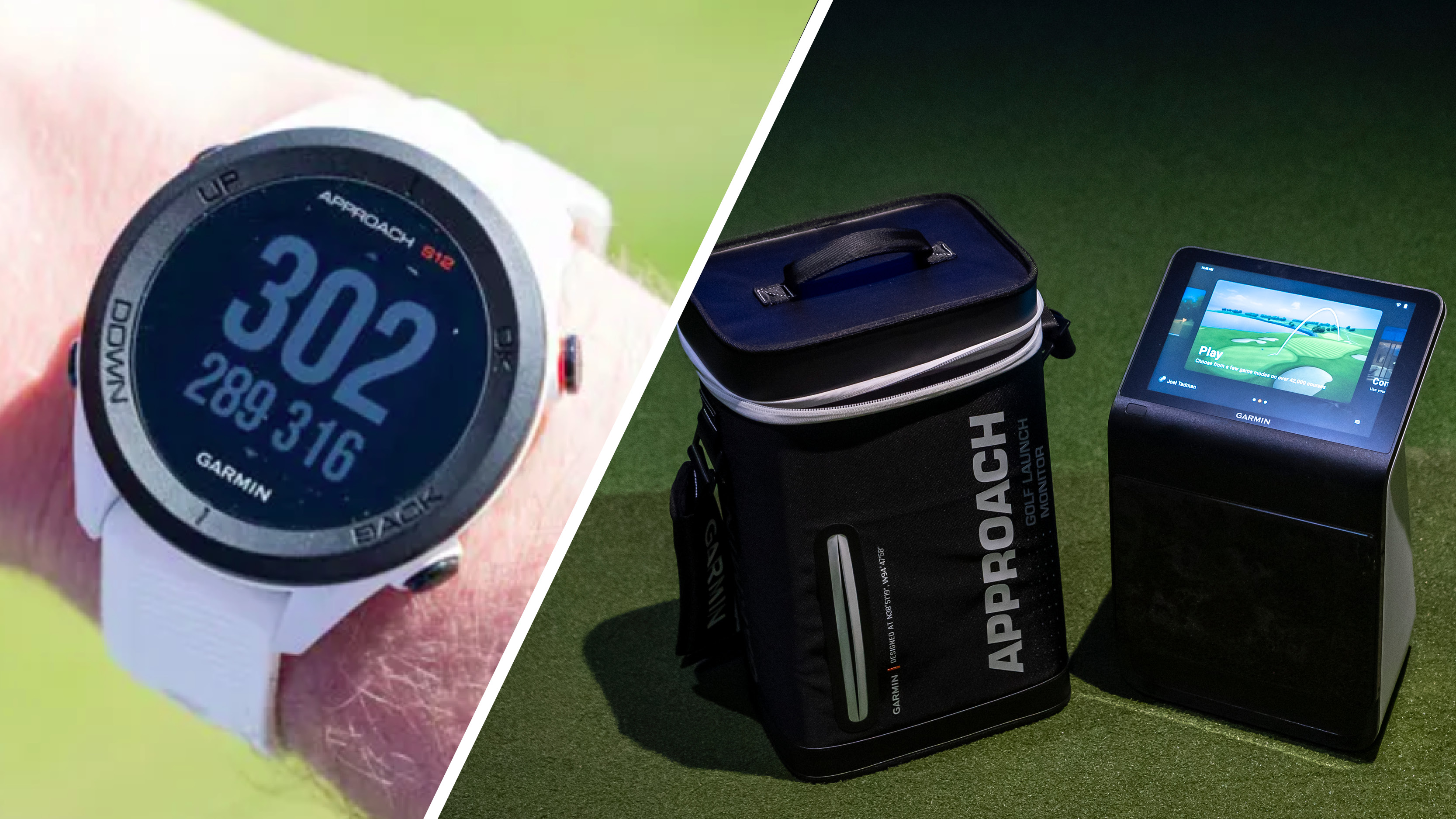 A Garmin Approach S12 watch and Garmin Approach R50 launch monitor