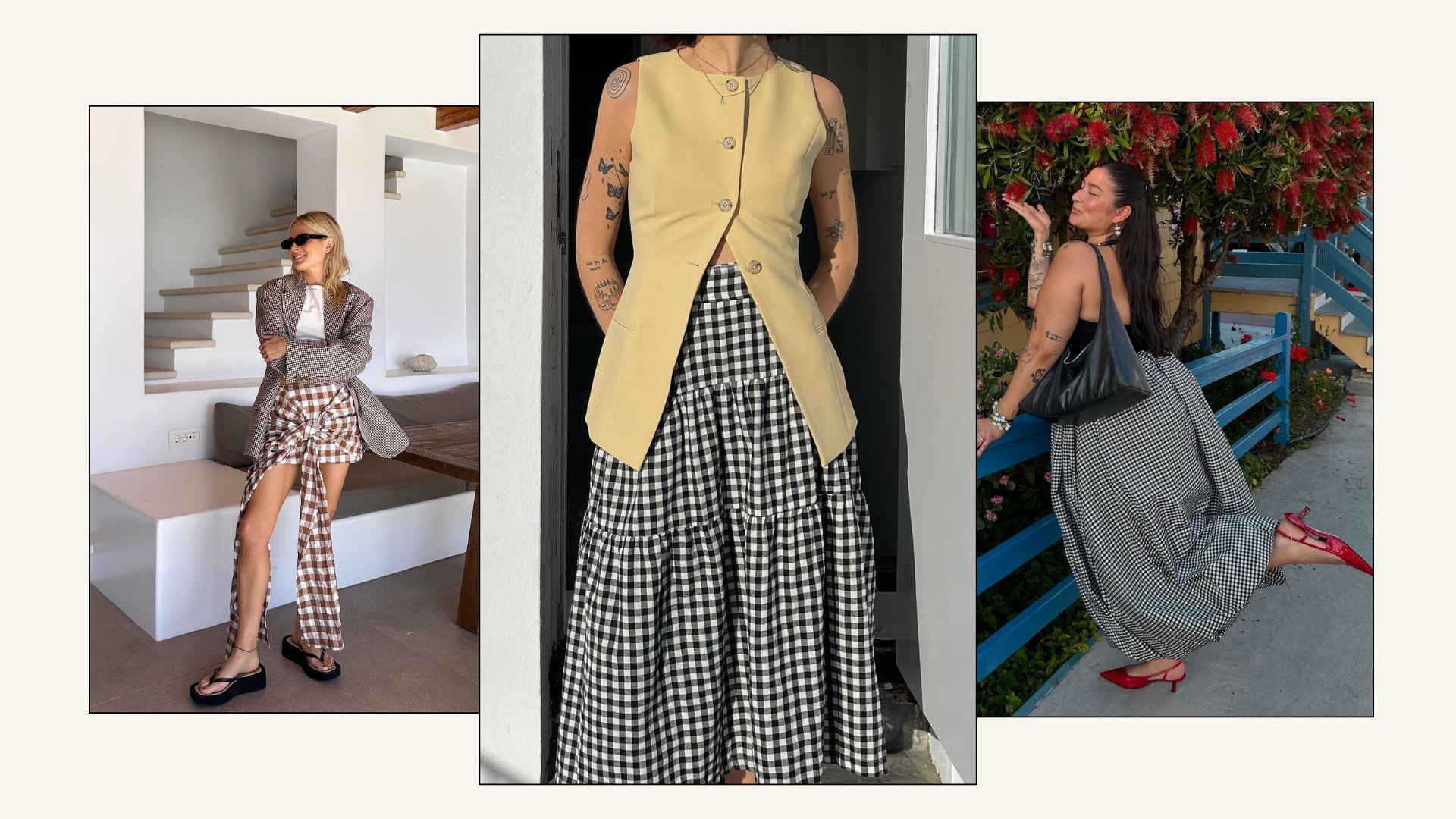 Three influencers wear different variations of the gingham skirt trend