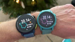 Coros Pace Pro and Coros Pace 3 on a person's wrist showing a running route map