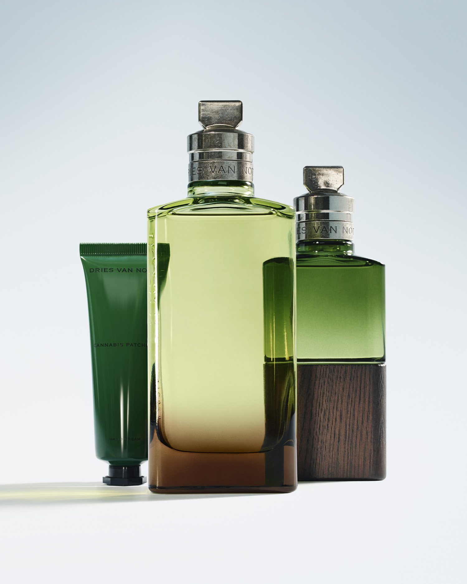 Dries Van Noten Mystic Moss perfume bottles and Cannabis Patchouli hand cream