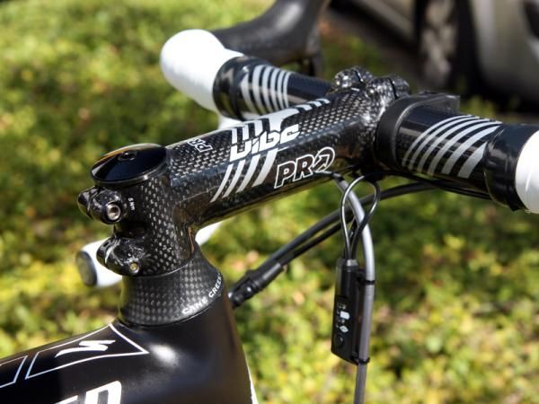 Tejay Van Garderen (HTC-Highroad) doesn't use any spacers beneath his stem but the tall cone still keeps the bars at a somewhat reasonable height.