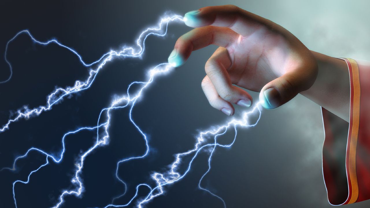 Lightning bolts shoot out the tips of a woman&#039;s fingers, only her hand showing. 