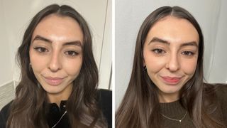 (L-R) Image of Sennen with curled brunette hair smiling after wearing makeup set with a setting spray for 8 hours and image of Sennen smiling with straight brunette hair after wearing makeup set with the ice water cotton round trick for 8 hours