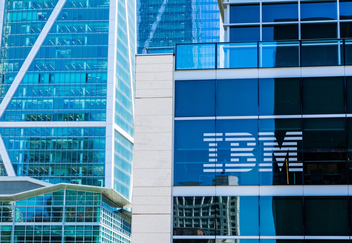 IBM logo on the site of a glass building