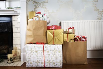 christmas gifts in a pile