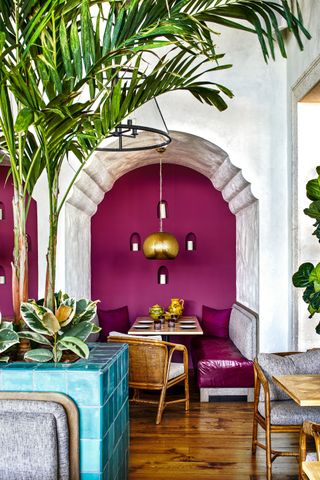 stone arch with purple wall and purple leather benches
