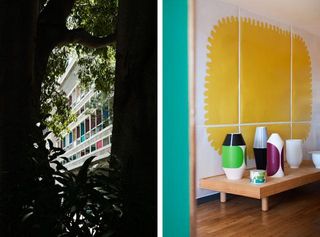 Left: A glimpse of the iconic facade of Cité Radieuse, designed by Le Corbusier in Marseille. Right: A colourful assortment of ceramics prototype near the new shapes by Charpin for Manufacture Nationale de Sévres.