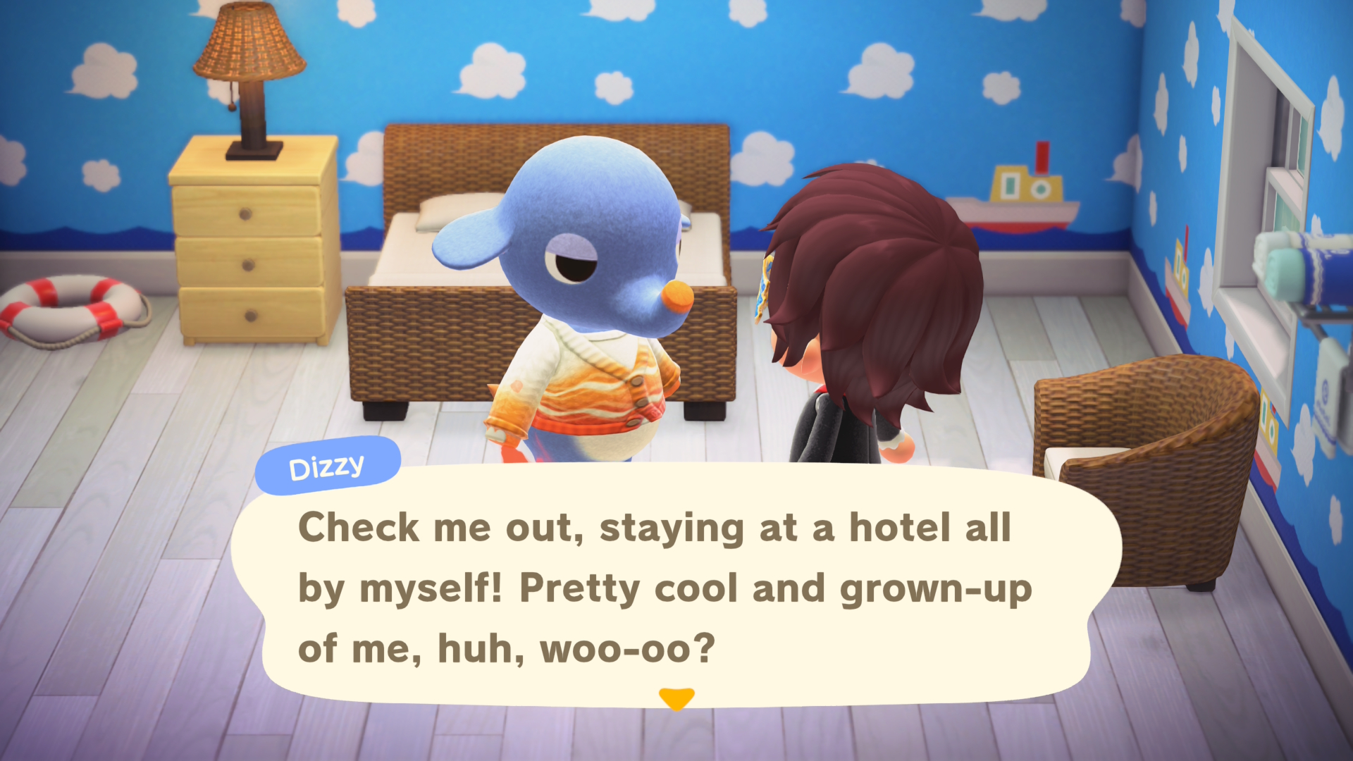 Dizzy talks to the villager about how cool it is to stay in the Resort Hotel while in a room with nautical decorations in Animal Crossing: New Horizons for Nintendo Switch 2