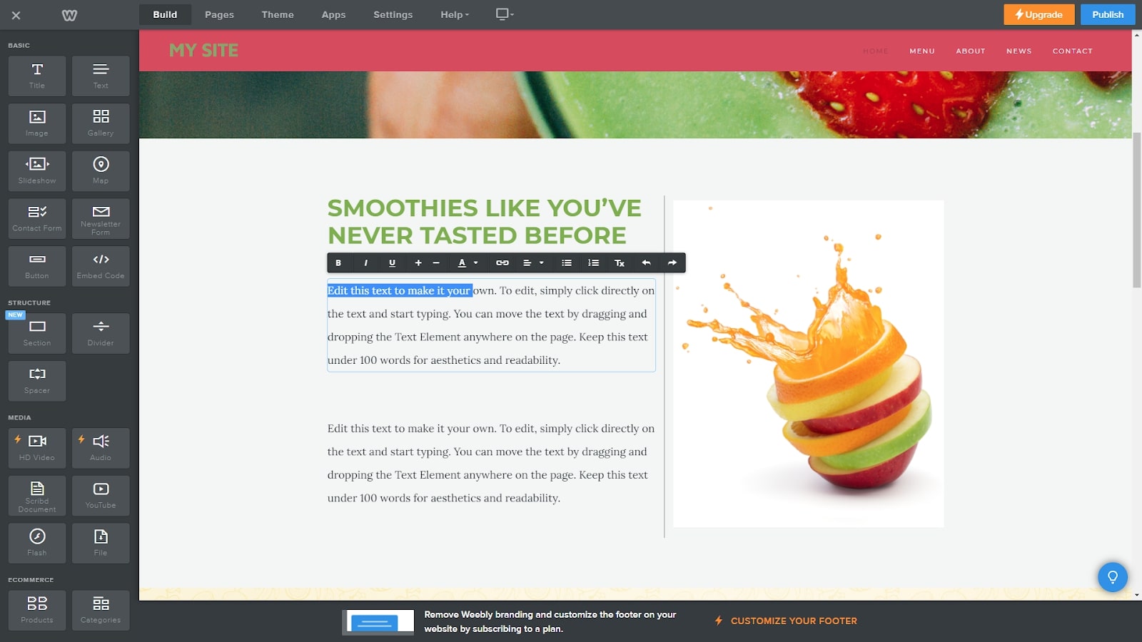 Weebly's drag-and-drop website editor in use